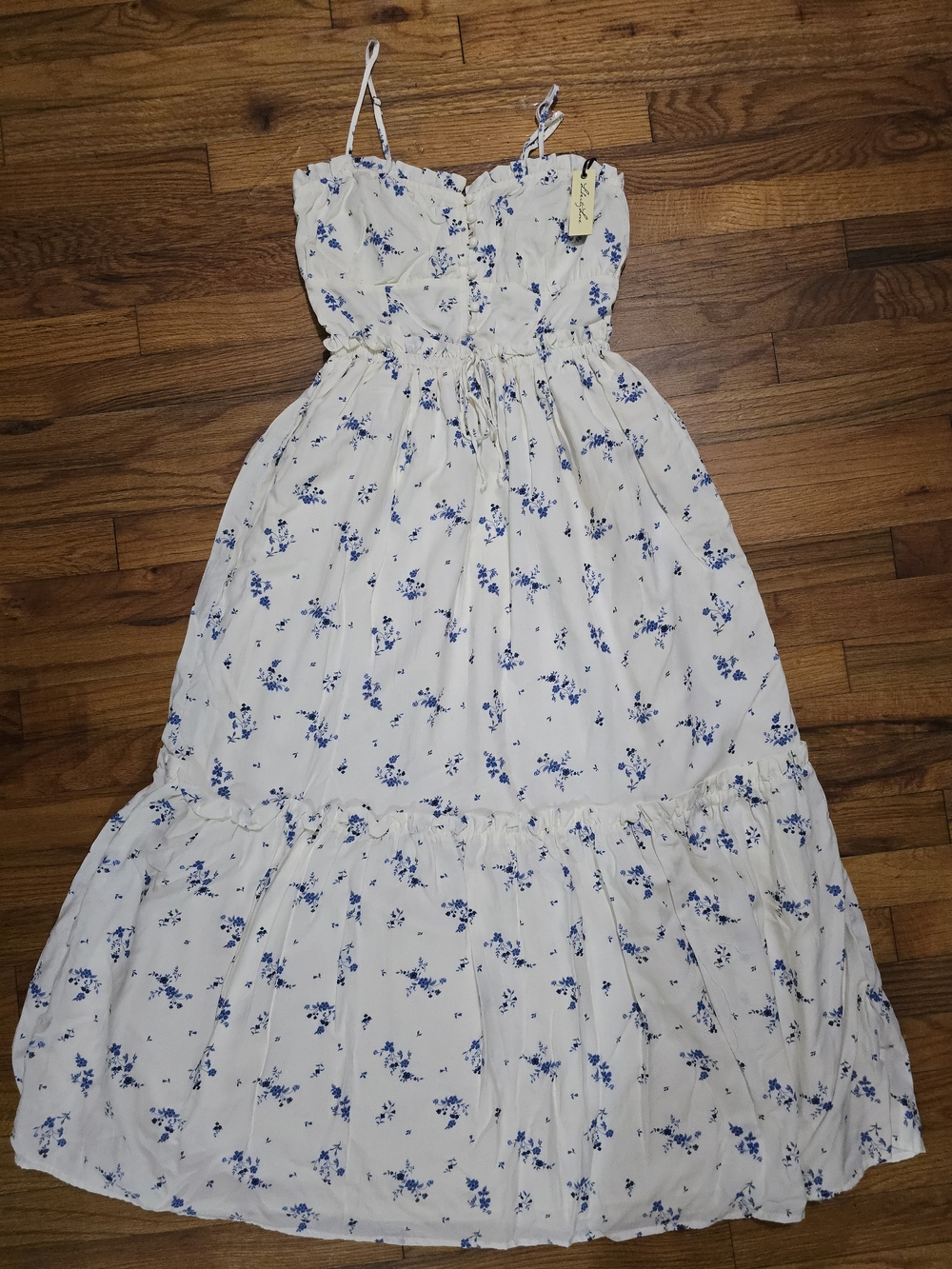 White/cream & Blue Floral Spaghetti-Strap Dress